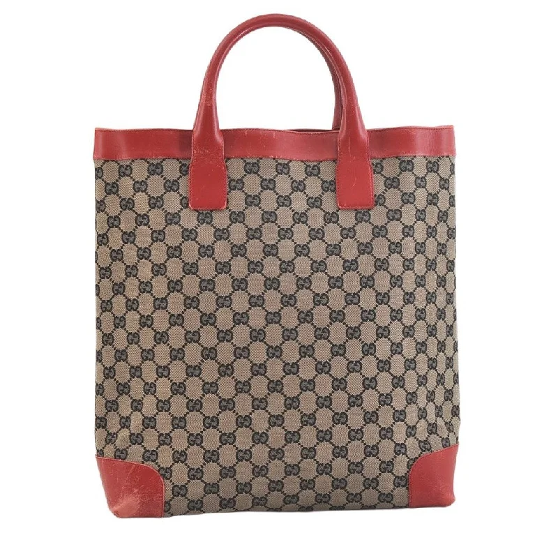 Women Gucci bags with a magnetic snap closure for easy accessAuthentic GUCCI Vintage Hand Tote Bag GG Canvas Leather 0021121 Black Red 2501K