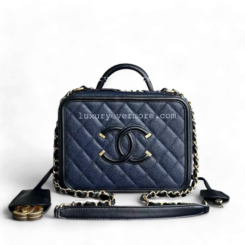 Chanel bags for the minimalist fashionChanel Vanity Case Filigree - Caviar Quilted Blue Black Golden Hardware