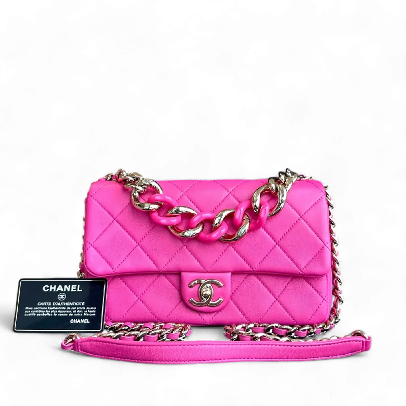 Chanel Classic Flap Bag for Evening PartyChanel 2020 Elegant Resin Chain Classic Flap - Quilted Lambskin Hot Pink Two-Tone Golden Hardware No 29