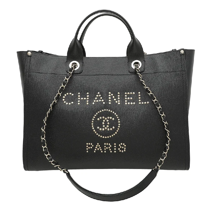 Chanel bags with gold, silver, and pearl accentsChanel Black Studded Deauville Tote Large Bag