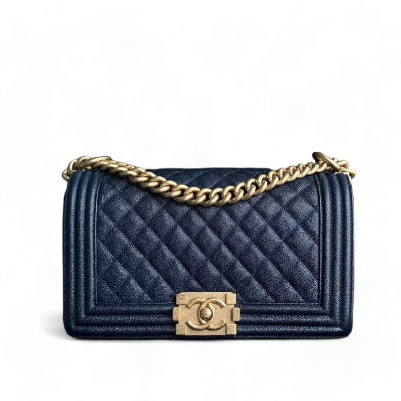 Chanel Limited Edition Handbag for CollectorsChanel Boy Medium - 25CM Caviar Quilted Dark Navy Blue Gold Hardware