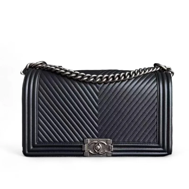 Chanel bags with adjustable chain strapsChanel Boy Medium - 28CM Chevron Calfskin Black Ruthenium Palladium Silver Hardware Series 20