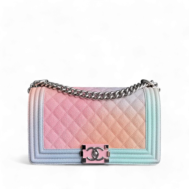 Chanel bags with intricate metal hardwareChanel Boy Medium - Caviar Rainbow 25CM Quilted Multioclor Silver Hardware Series 25