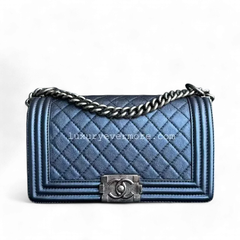 Chanel bags with modern touchesChanel Boy - Old Medium Calfskin Metallic Blue Ruthenium Silver Hardware Series 18