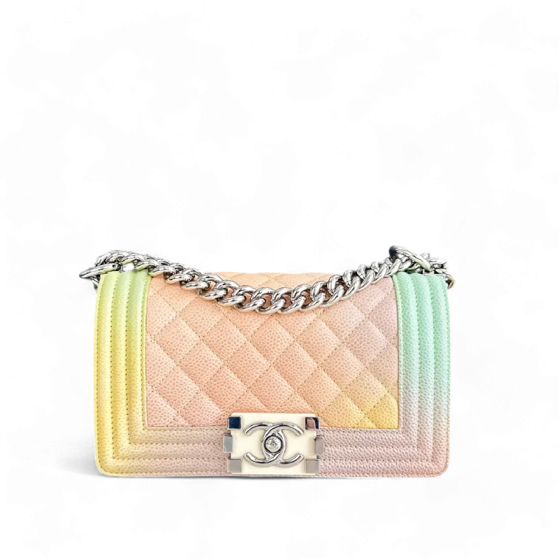 Chanel bags with modern touchesChanel Boy Small - Caviar Raibow 20CM Quilted Silver Hardware Series 25