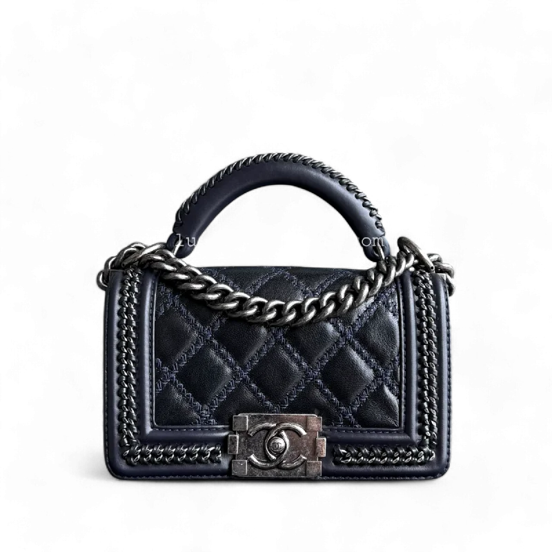 Chanel bags with intricate metal hardwareChanel Boy Small Handle - 20CM Calfskin Chain Around Top Handle Limited Edition Dark Blue Ruthenium Silver Hardware Series 21