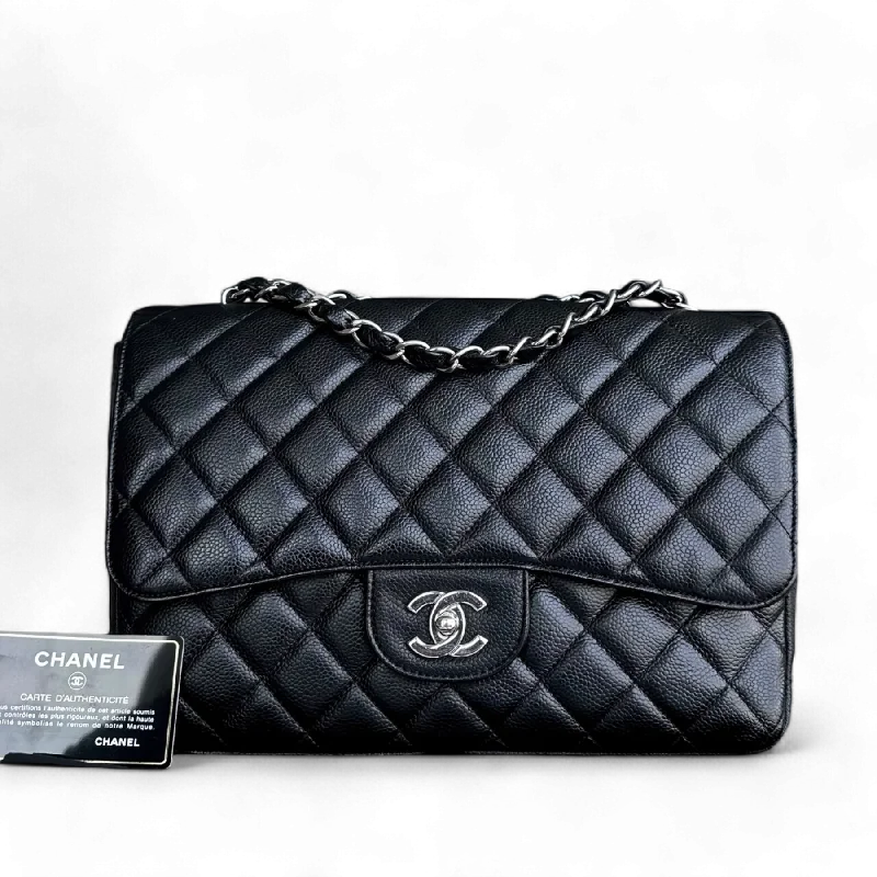 Chanel New Arrival Handbag with Gold HardwareChanel Caviar Jumbo Classic Flap Single Flap Quilted Grained Calfskin Black Silver Hardware Series 13