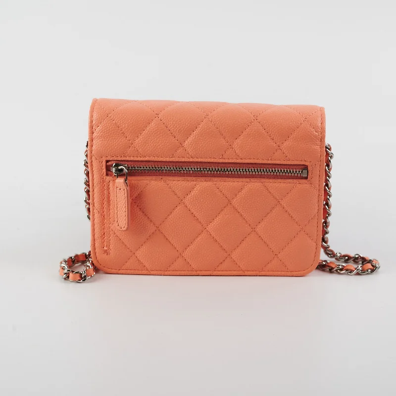 Chanel bags with intricate metal hardwareChanel Caviar Mini Wallet on Chain Coral