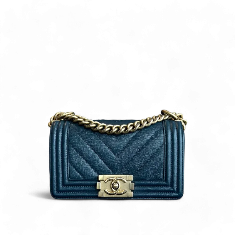 Chanel All - Match Handbag for Versatile StylingChanel Boy Small - Caviar 20CM Chevron Grained Calfskin Dark Blue Leboy Gold Hardware Series 25