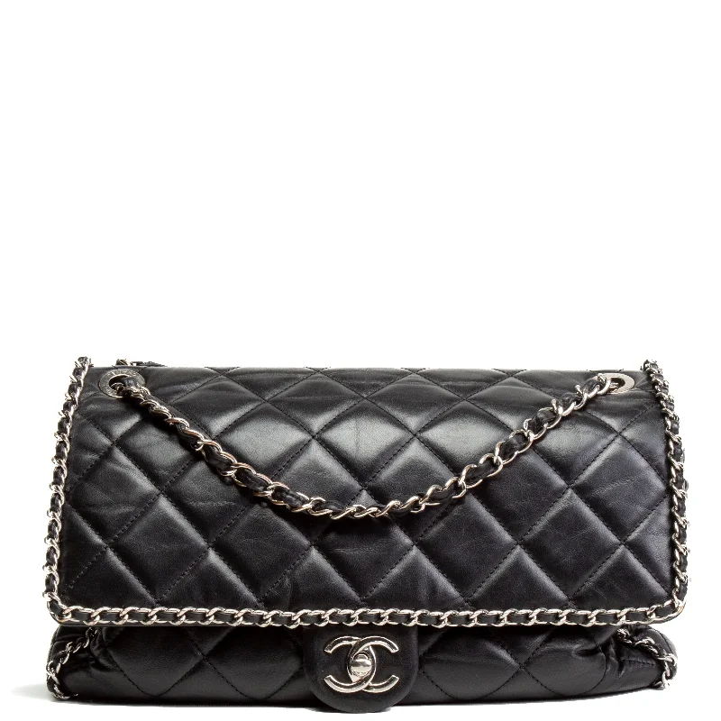 Chanel bags with gold, silver, and pearl accentsCHANEL Clumped Running Around Chain Large Flap - Black