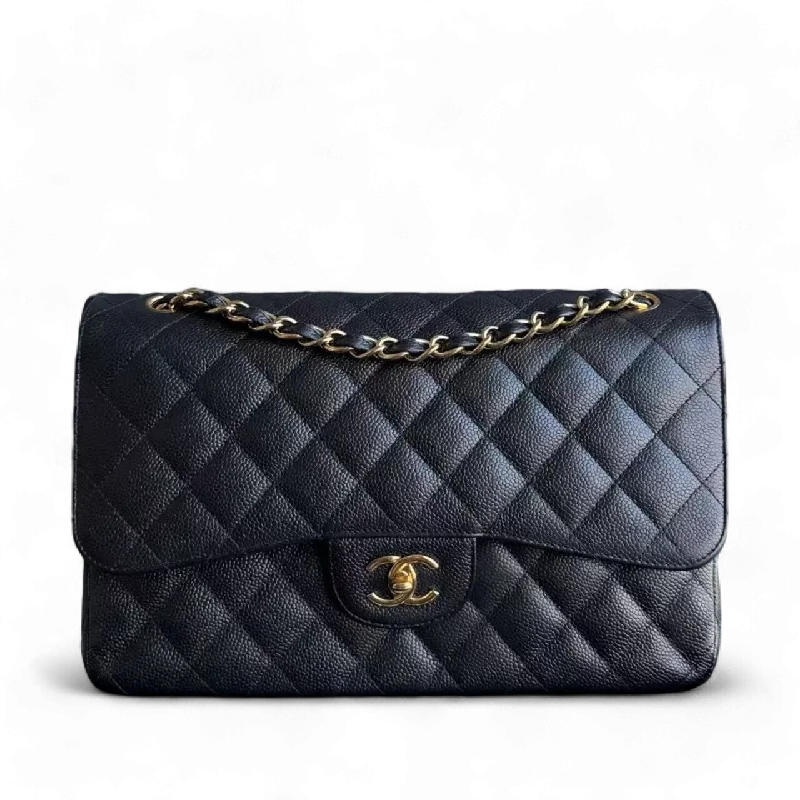 Chanel bags available in bold colors and patternsChanel Classic Flap Jumbo - Caviar Double Flap Quilted Black Gold Hardware Series 15