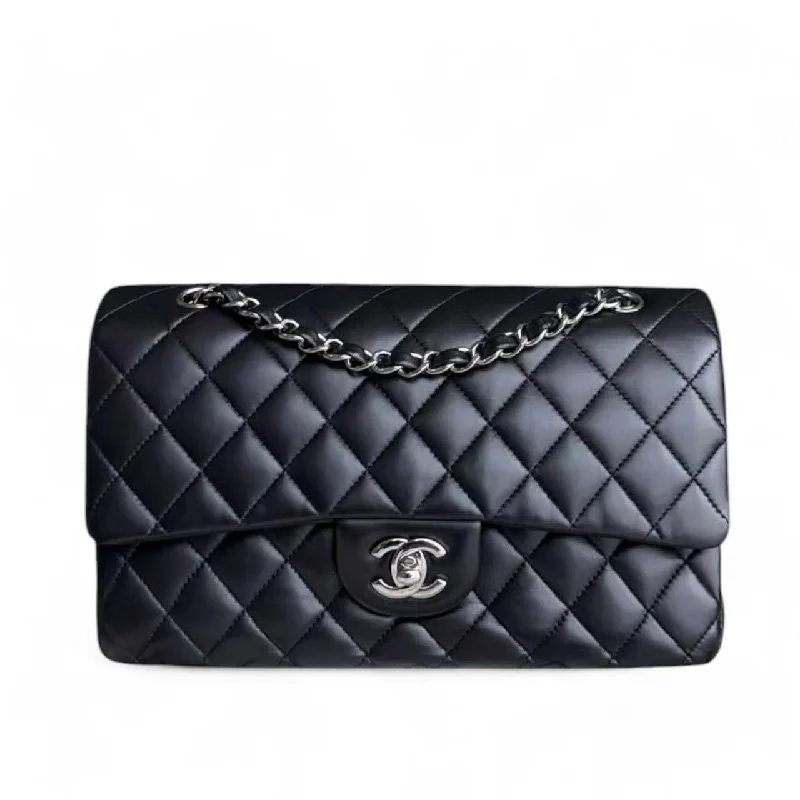 Chanel Luxury Handbag for High - End EventsChanel Classic Flap Medium - 25CM Double Flap Quilted Lambskin Black Silver Hardware Series 19