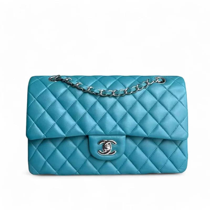 Chanel bags with gold, silver, and pearl accentsChanel Classic Flap Medium - 25CM Quilted Lambskin Blue Silver Hardware Series 20