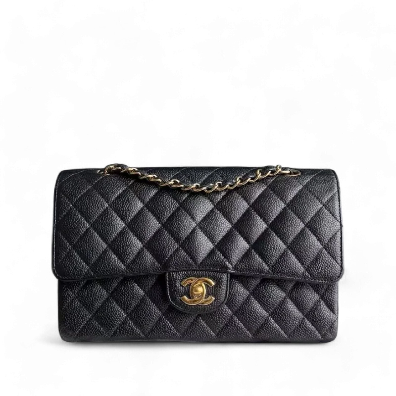 Chanel bags with intricate metal hardwareChanel Classic Flap Medium - Caviar 25CM Quilted Black Gold Hardware Series 13