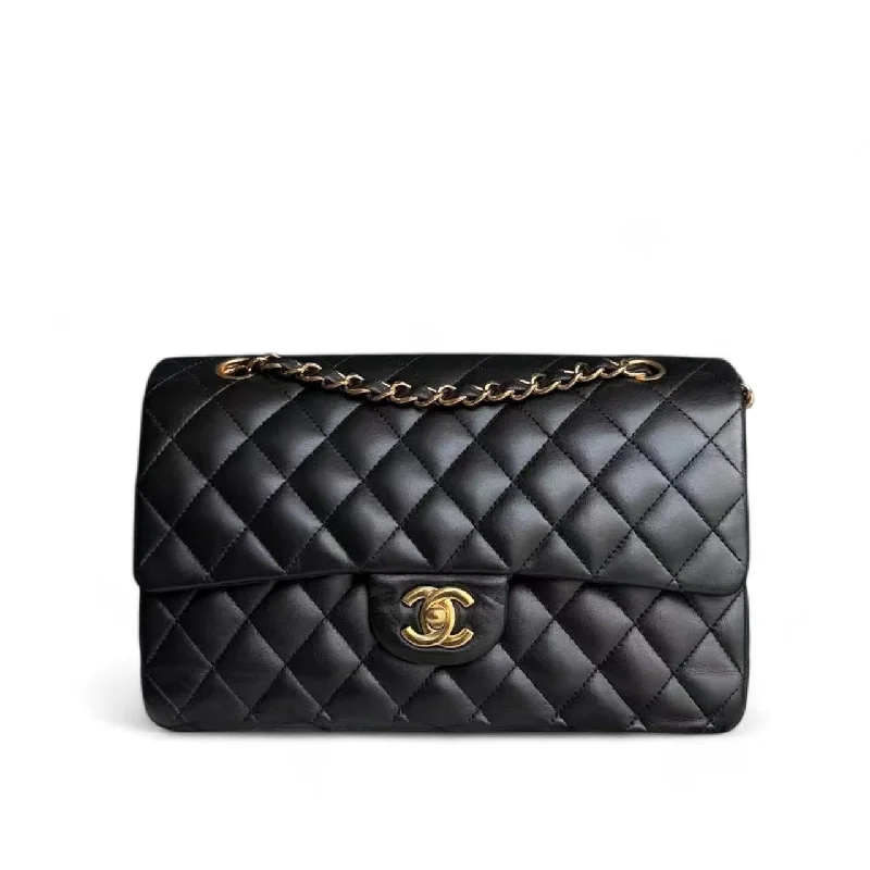 Chanel bags with iconic gold chainsChanel Classic Flap Medium - Quilted Lambskin Black Gold Hardware Series 14