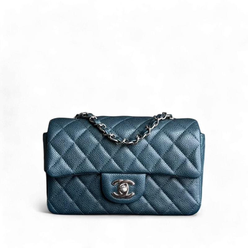 Chanel bags as wedding day accessoriesChanel Classic Flap Mini - Caviar 20CM Rectangle Quilted Dark Green Blue Silver Hardware Series 20