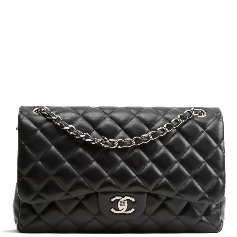 Chanel bags with iconic gold chainsCHANEL Classic Jumbo Double Flap Lambskin Bag w/Silver