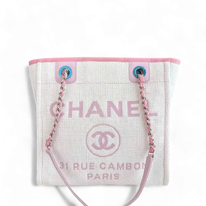 Chanel bags with leather and tweed combinationsChanel Deauville Mini - Fabric Tote Pink Silver Hardware Series 21