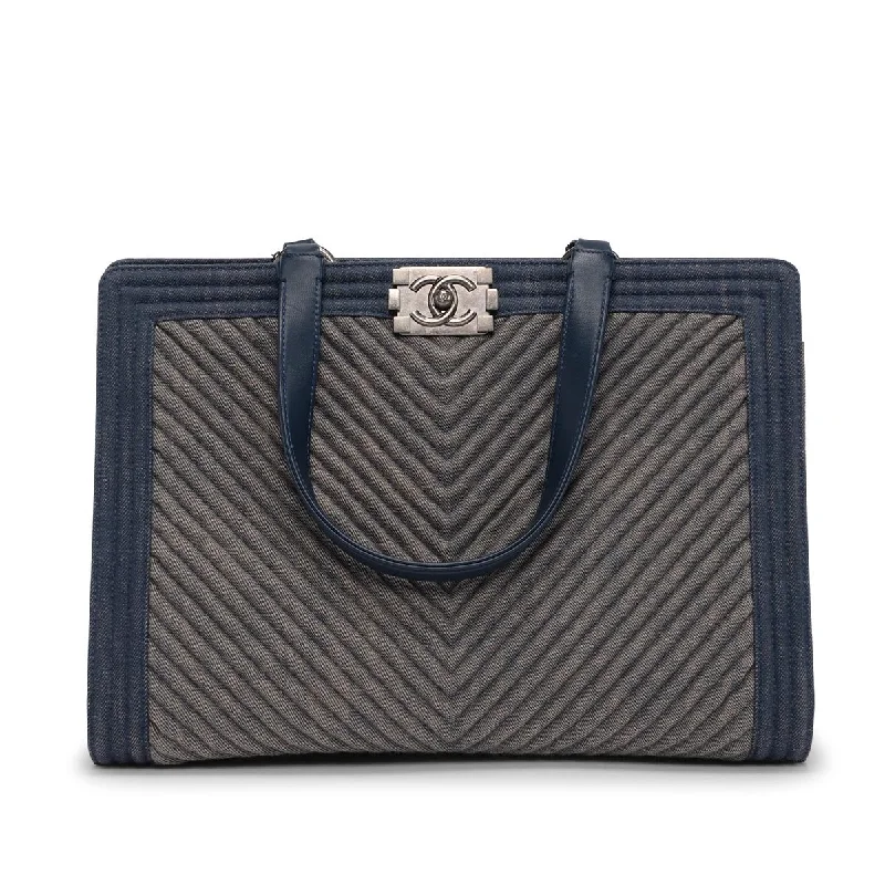 Chanel bags with exclusive seasonal designs and materialsChanel Light Blue Chevron Denim Boy Tote