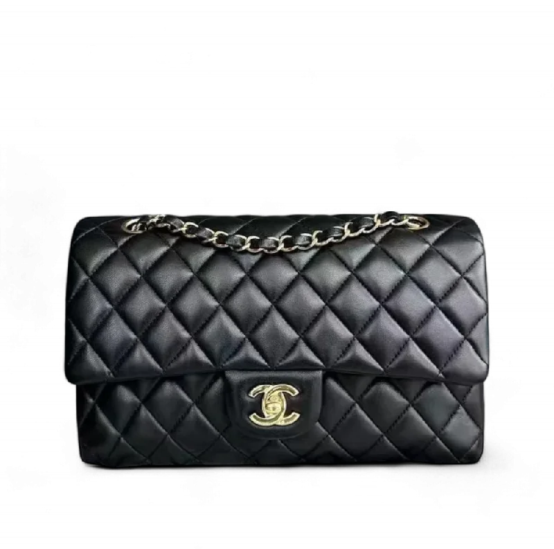 Chanel bags with gold, silver, and pearl accentsChanel Classic Flap Medium - Quilted Lambskin Black Golden Hardware