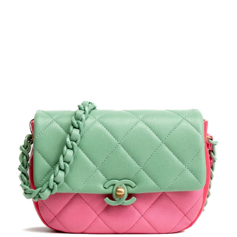 Chanel bags with chain and leather strap combinationsCHANEL Mini Candy Flap - Tri-Color (Pink & Green)