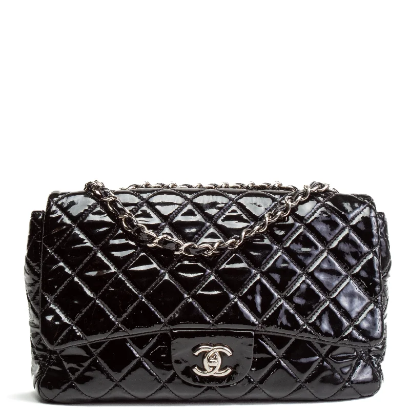 Chanel bags with gold, silver, and pearl accentsCHANEL Jumbo Single Flap - Black Patent Leather - OUTLET FINAL SALE