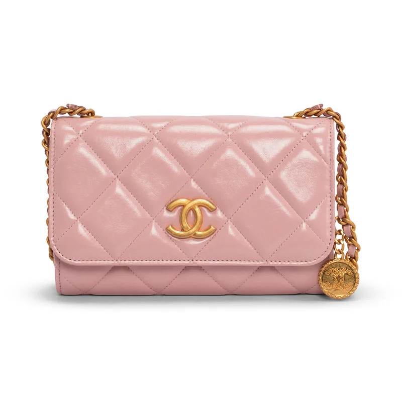 Chanel bags available in bold colors and patternsChanel Pink Glossy Lambskin CC Medallion Wallet on Chain