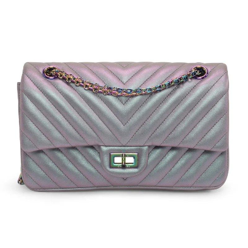 Chanel bags with gold, silver, and pearl accentsChanel Purple Iridescent Chevron Reissue 2.55 Bag 225