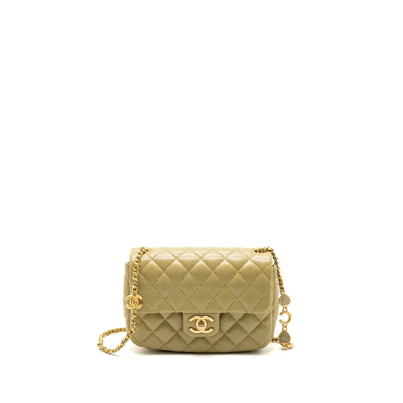 Chanel bags with intricate metal hardwareChanel quilted flap bag with coco love chain lambskin khaki green GHW(Microchip)