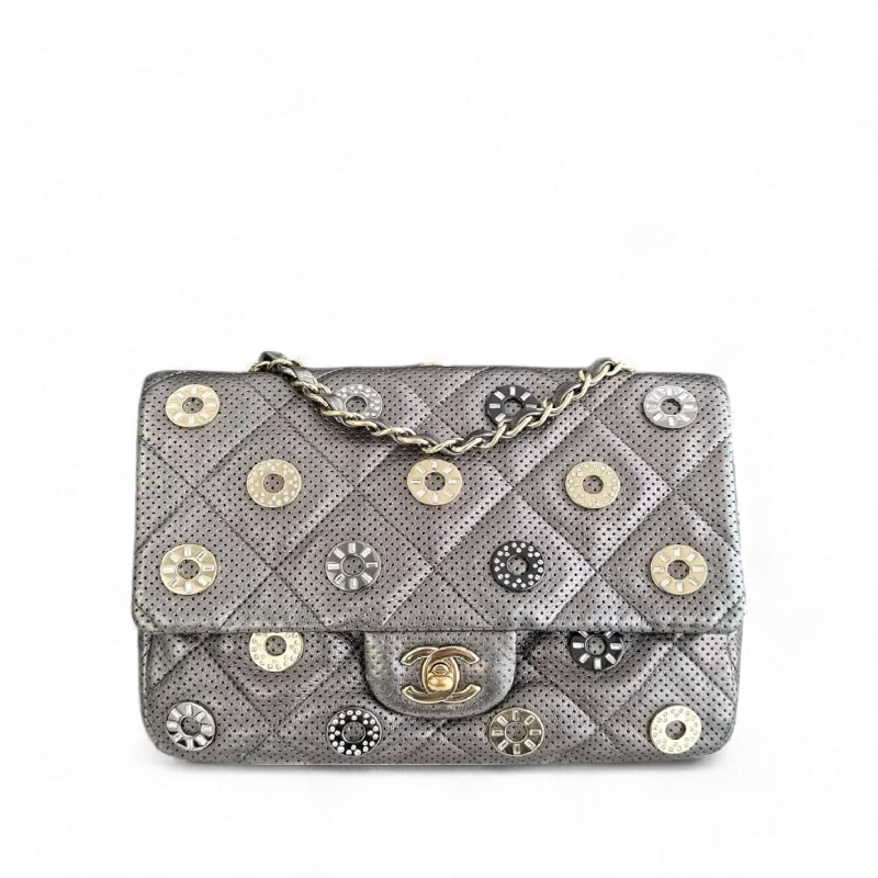 Chanel Lightweight Handbag for Daily ErrandsChanel Seasonal Flap - Cruise Paris-Dubai Medals 2015 Perforated Calfskin Gray Grey Silver Hardware Series 20