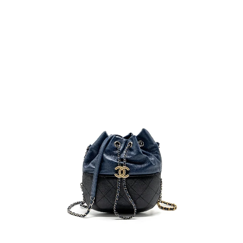 Chanel bags with leather and tweed combinationsChanel Small Bucket Bag Calfskin Navy/Black Multicolour Hardware