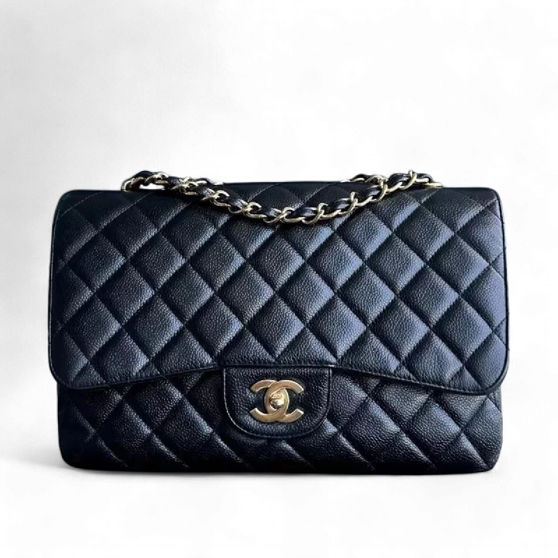 Chanel bags available at online luxury retaileChanel Classic Caviar Jumbo Classic Flap Quilted Grained Calfskin Black Golden Hardware Series 12