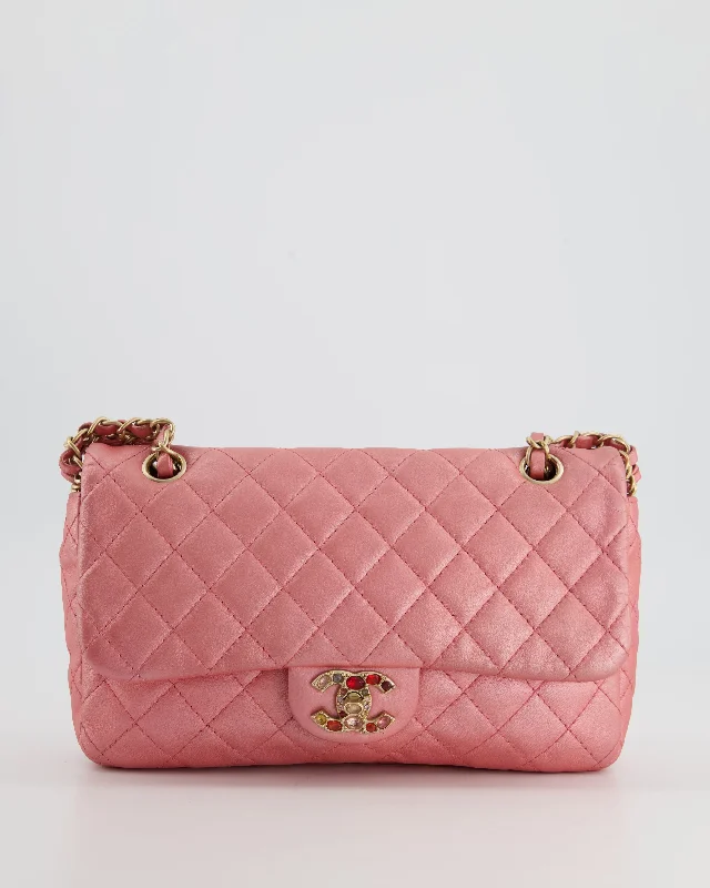 Chanel bags with exclusive seasonal designs and materials*LIMITED EDITION* Chanel Pink Metallic Single Flap Shoulder Bag in Lambskin Leather with Gold and Precious Stone Hardware