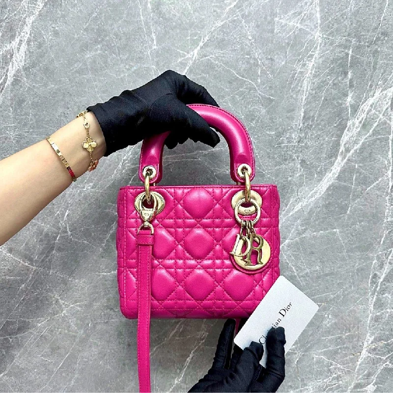 Christian Dior bags with a side - pocket for holding a water bottle*Adjustable Strap* Lady Mini Lambskin Hot Pink GHW