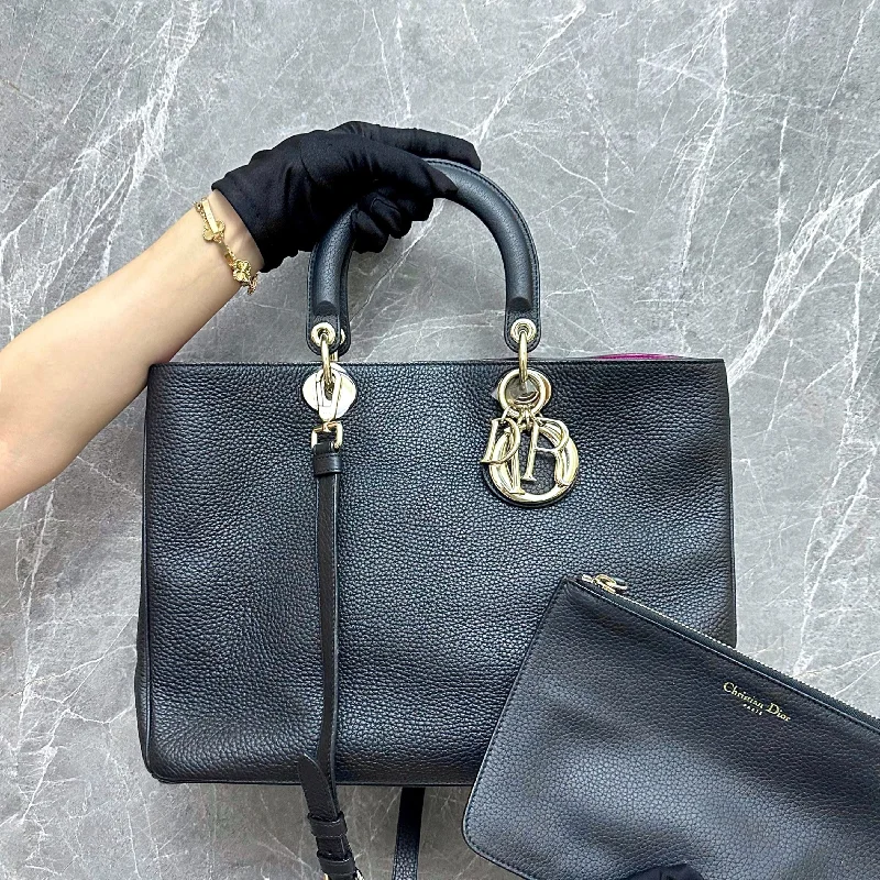 Luxury Christian Dior crossbody bags with a chain - link strap*Fit laptop* Diorissimo Large Pebbled Calfskin Black GHW